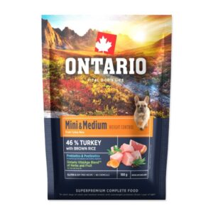 Ontario Mini & Medium Weight Control Turkey & Brown Rice 0.1kg (Mėginys)